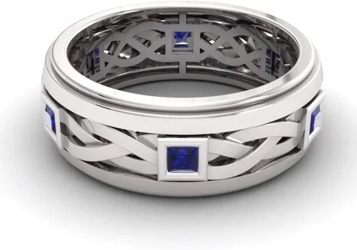 Vista 2 de Diamondere Anillo de boda de zafiro azul de corte princesa natural y certificado en plata de ley 925 Anillo de nudo celta de 0,97 quilates