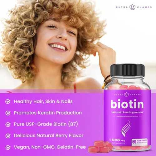 Vista 2 de NutraChamps Gomitas de Biotina 10000mcg [Alta Potencia] para Cabello Saludable, Piel y Uñas, Vitaminas para Mujeres, Hombres y Niños - 5000mcg
