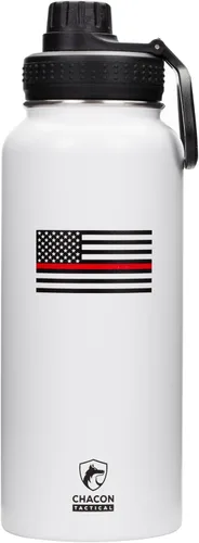Vista 15 de Botella de agua aislada, negro, acero inoxidable, 32 onzas, diseño de bandera estadounidense de línea azul fina, boca ancha