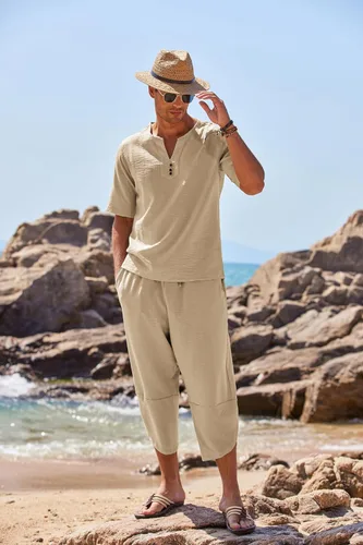 Vista 3 de COOFANDY Conjunto de 2 piezas de lino para hombre, camisa Henley de manga corta y pantalones capri harén, pierna ancha, holgados, pantalones de yoga
