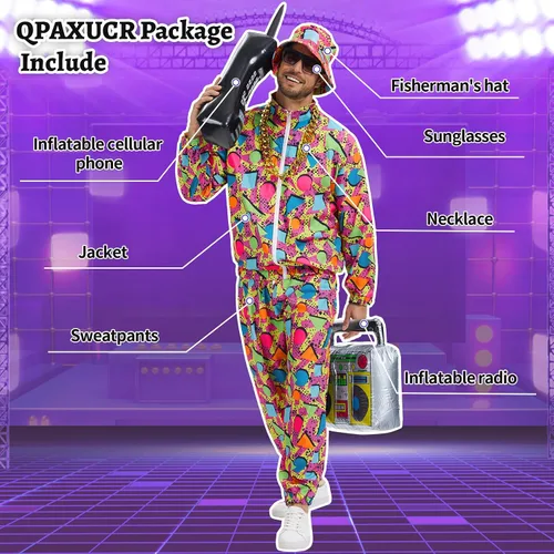 Vista 3 de Traje de los años 80 y 90 para hombre, traje deportivo con accesorios de disfraz de hip hop para fiestas temáticas de Halloween de los años 80.
