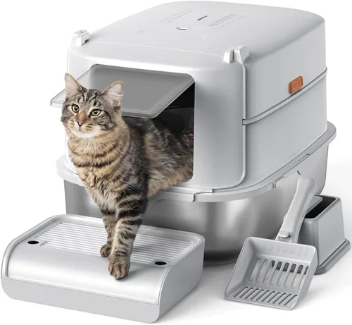 Vista 9 de Furkid Caja de arena para gatos de acero inoxidable con tapa, caja de arena extra grande XL para gatos grandes, caja de arena de metal cerrada
