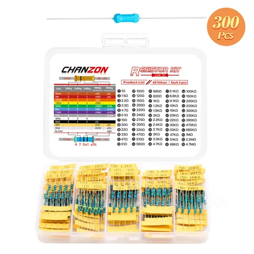 Vista 6 de Chanzon 60 valores 1/4W (0.25 vatios) Kit de resistencias fijas de película metálica 300 piezas 1R-4.7MR Ω ohmios ±1% Tolerancia 0.01 MF