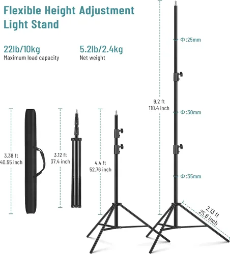 Vista 3 de Paquete de 2 soportes de luz y trípode de aluminio resistente, 9.2 pies/110 pulgadas, funda de transporte, HTC Vive, luces de anillo LED, compatible