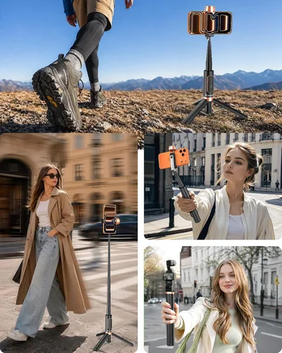 Vista 6 de Trípode selfie stick para iPhone y Android, soporte de trípode portátil para teléfono con control remoto Bluetooth, apertura de un clic, compacto
