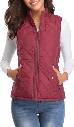 Vista 17 de Fuinloth Women's Quilted Vest Lightweight Puffer Stand Collar Zip Gilet Beige