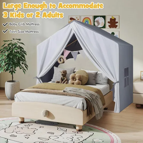Vista 7 de Costzon Large Kids Tent with Mat, Children's Play Tent w/Flag Banner, Windows, Gauze Curtain, Solid Wood Frame, Indoor Outdoor Kids Playhouse for