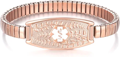 Vista 12 de Pulsera de Alerta Médica Elástica Oliva Divoti – Etiqueta de ID de Acero Inoxidable Grabada Personalizada – Hipoalergénica, Sin Cierre