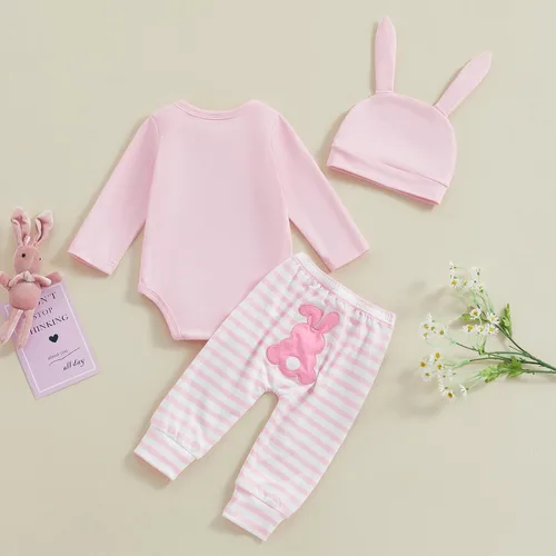 Vista 7 de Traje de Pascua para bebé recién nacida, mameluco de conejo, mameluco de conejo, pantalones largos a rayas, sombrero de conejo, conjunto de ropa