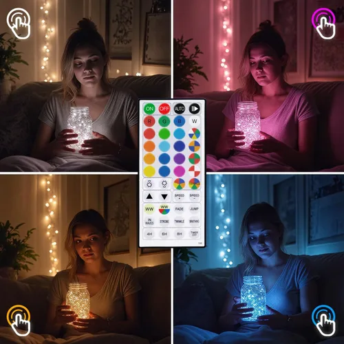 Vista 4 de Luces de Hadas USB Enchufables de 33 pies, 100 LEDs con Control Remoto, Luz Blanca Cálida de 20 Colores Cambiantes, Luces de Cadena Centelleantes