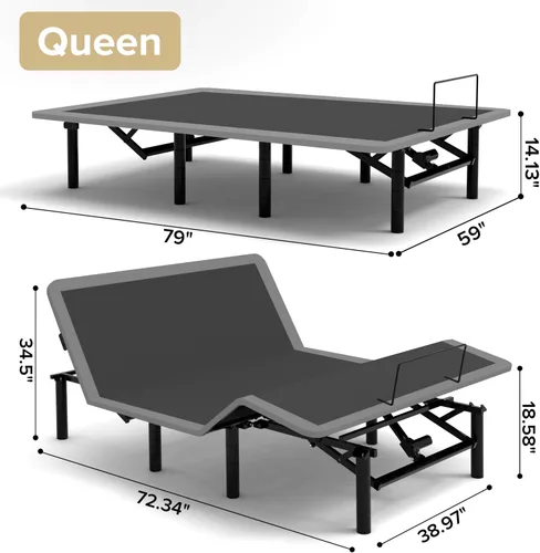 Vista 2 de Base de cama ajustable Queen – Base eléctrica ajustable con control remoto inalámbrico, gravedad cero y masaje, carga USB y almacenamiento debajo