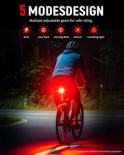 Vista 4 de DARKBEAM Luz trasera inteligente para bicicleta, con sensor de freno/luz, recargable USB-C, IP64 impermeable, 5 modos de luz, luz trasera