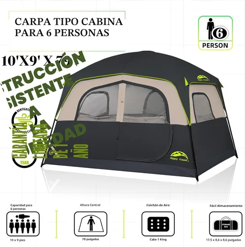 Vista 2 de Happy Travel Tent 6 Person Tents for Camping, Waterproof Easy Setup Camping Tent with Rainfly, Portable Large Family Cabin Tent with 5 Large Mesh
