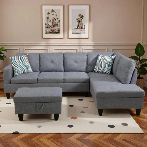 Vista 8 de Sofás en forma de L para sala de estar, muebles de sofá seccional para sala de estar con otomana de almacenamiento, sofá seccional modular con Gris
