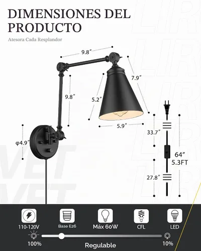 Vista 4 de LIROUVET Juego de dos apliques de pared enchufables, lámpara de pared con brazo oscilante ajustable, apliques industriales con interruptor