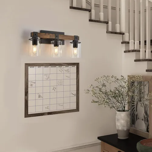 Vista 7 de DUJAHMLAND Lámpara de tocador de granja, lámpara de pared de madera de baño de 3 luces sobre espejo con pantalla de vidrio transparente, iluminación