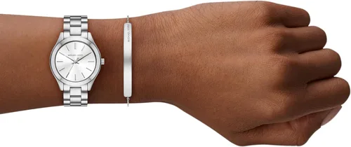 Vista 5 de Michael Kors Set de regalo de reloj de pulsera de acero inoxidable de tres manecillas Slim Runway para mujer (Modelo: MK7563SET)