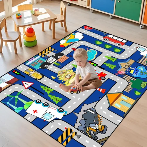 Vista 3 de Alfombra de juego para niños, alfombra de coche para niños, tapete de automóvil con mapa de vida de la ciudad para niños, juguete educativo