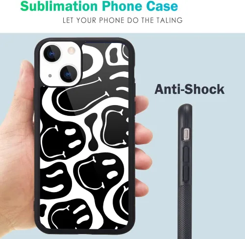 Vista 7 de Funda compatible con iPhone 13 para niños y mujeres, diseño divertido de cara, parte trasera dura con negro, divertido y lindo patrón de arte