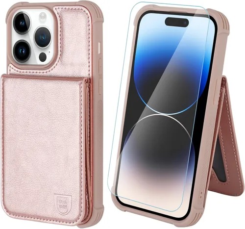 Vista 21 de VANAVAGY Funda tipo cartera compatible con iPhone 14 Pro Max para mujeres y hombres, de piel sintética, cierre magnético, con bloqueo RFID Negro