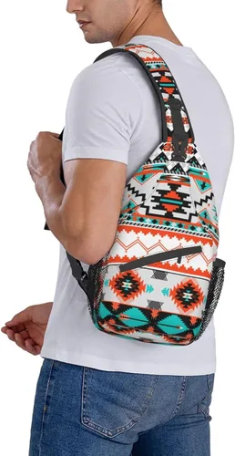 Vista 7 de Bolso bandolera con diseño azteca, mochila cruzada del suroeste nativo americano geométrico cheurón colorido patrón azteca deportes viajes