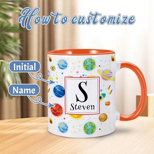 Vista 3 de Taza de café personalizada para niños con nombre e inicial, taza de cacao caliente personalizada para niños y niñas, taza de cerámica de 11 onzas