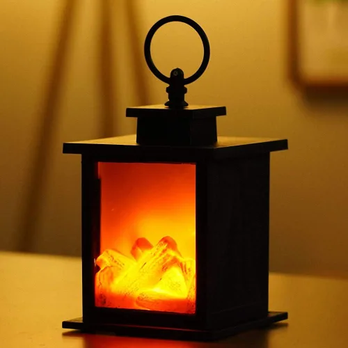 Vista 31 de Farol de chimenea pequeño y acogedor tradicional realista con efecto de llama de leña, luz LED, estilo carbón, lámpara de mesa