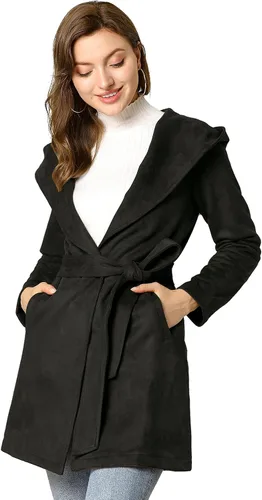 Vista 3 de Allegra K Abrigo cruzado de invierno de manga larga con capucha de gamuza sintética para mujer, Coffee, M