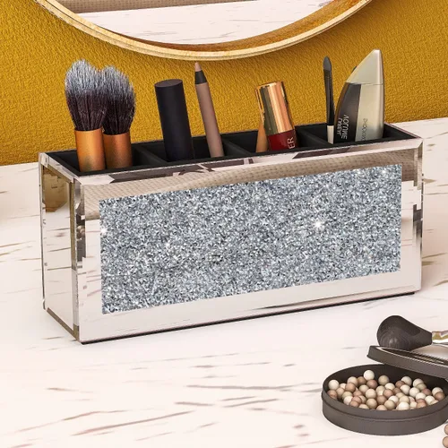 Vista 9 de SHYFOY Organizador Portacepillos de Maquillaje Negro, Organizador de Almacenamiento de Cepillos de Cosméticos de 3 Ranuras de Vidrio con Diamante