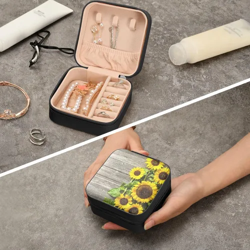 Vista 8 de OTVEE Joyero pequeño de madera con girasoles amarillos otoñales, mini joyero, organizador de joyas de viaje para mujeres y niñas, Otoño Amarillo