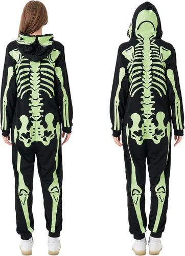 Vista 2 de PARTISKY Adult Onesie Skeleton Costume Women & Men, Glow in the Dark Halloween Skeleton Jumpsuit with Zipper Hooded