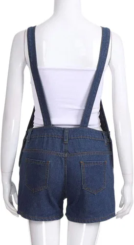 Vista 4 de JOFOW Enterizo corto de mezclilla para mujer, con bolsillo sólido, holgado, cintura alta, casual, holgado, a la moda