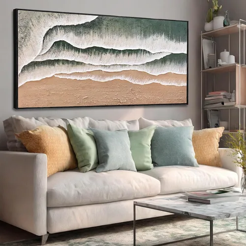 Vista 11 de Arte de pared blanco texturizado, arte abstracto gris, imágenes modernas enmarcadas grandes, pintura al óleo de paisaje ondulado, 24 x 48 pulgadas