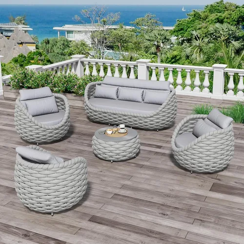 Vista 14 de Juego de muebles de patio de aluminio de 3 piezas: cuerda tejida a mano para conversación al aire libre, juego de 2 cojines modernos montados, juego