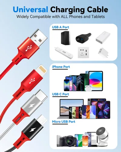 Vista 7 de Paquete de 2 cables de carga múltiple, 3 en 1, retráctil, cable de carga rápida, cargador USB C con Lightning/Micro/Tipo C para iPhone, iPad, Rojo