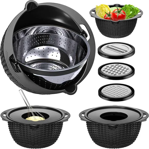 Vista 10 de Juego de Colador 4 en 1 con Conjunto de Tazones - Tazón Colador Giratorio con Cucharas Medidoras - Tazón Colador de Frutas, Coladores de Alimentos