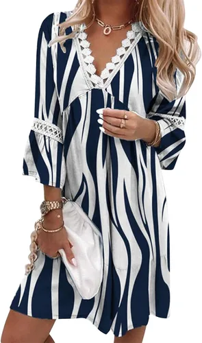 Vista 2 de Vestido de verano para mujer 2023, dulce y lindo cuello en V, manga acampanada, vestido corto suelto de manga 34 con vuelo floral