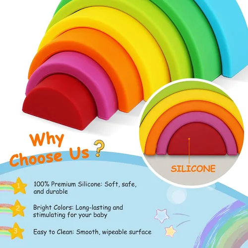 Vista 8 de Juguetes apilables de silicona para bebés, apilador de arco iris 7PCS Azul (Rainbow)