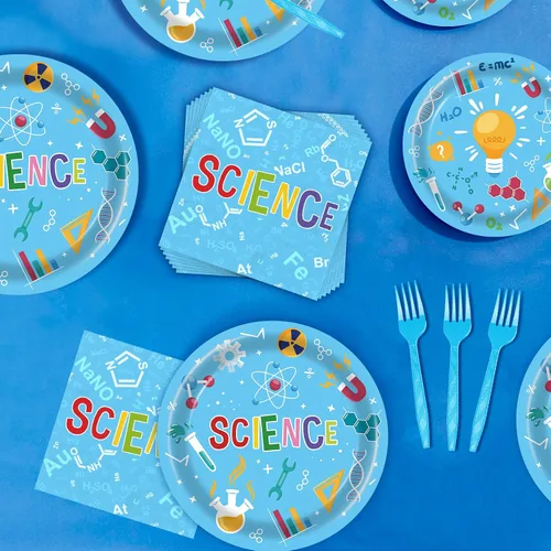 Vista 7 de Platos de cumpleaños de ciencia de 96 piezas, suministros y decoraciones para fiestas de ciencia