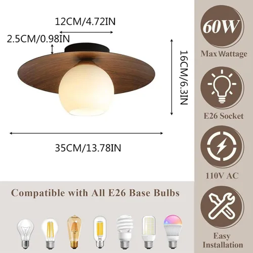 Vista 7 de Lámpara de techo minimalista moderna de globo de vidrio blanco redondo con veta de nuez, lámpara de techo semiempotrada con veta de madera nórdica