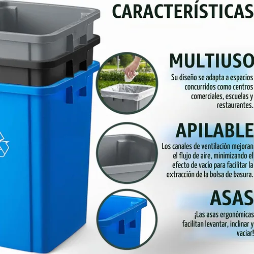 Vista 3 de Cubo de basura cuadrado negro de 19 galones, plástico de grado comercial, fácil limpieza, ideal para el hogar y la oficina