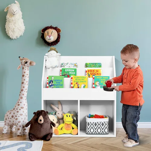 Vista 9 de KOTEK Estantería para niños con organizador de almacenamiento de juguetes, estantería para niños con estante de libros de 3 niveles y 2 cubos