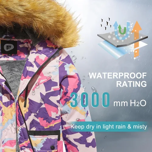 Vista 6 de FARVALUE Chaqueta de esquí impermeable para niñas, abrigo de invierno resistente al viento, abrigo de forro polar cálido para nieve, impermeables