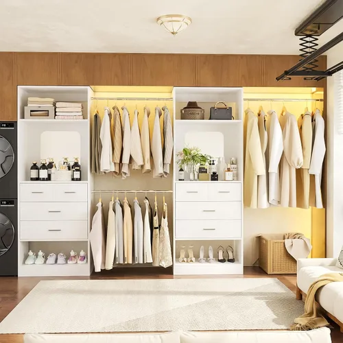 Vista 6 de Sistemas de Armarios Unikito, Organizador de Vestidor de 6-14 Pies con 8 Cajones y Espejo, Inserto de Armarios de Madera Grande de 168" con Torre