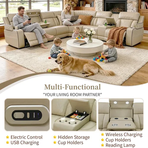 Vista 4 de Juego de sofá seccional reclinable de cuero, sofá seccional con 4 sillones reclinables Juegos de muebles de sala con 3 reclinables, luz LED