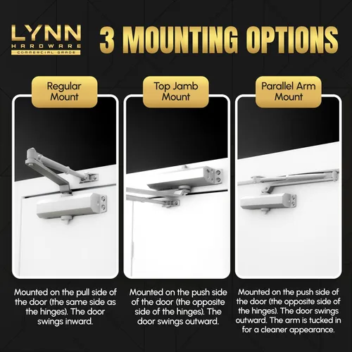 Vista 4 de LYNN HARDWARE Cierrapuertas automático extra resistente de servicio pesado (plateado) - Grado comercial, elección de contratistas, velocidad