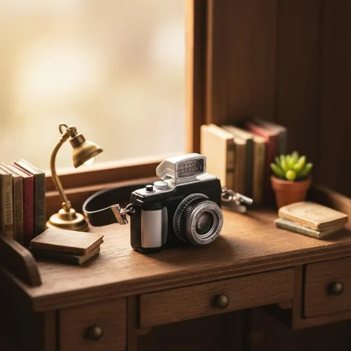 Vista 5 de Mini cámara negra para muñecas, cámara digital réflex digital en miniatura, estilo vintage, plástico, escala 1:12, tema retro, accesorio para casa