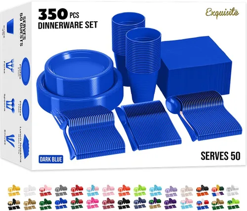 Vista 11 de Exquisite 350 Piezas Platos de Plástico de Cumpleaños Azules Para Fiestas, Juego de Platos Desechables de Cumpleaños Azules, 50 de Cada Juego