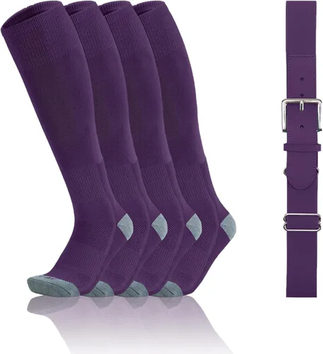 Vista 8 de QBK Conjunto combinado de calcetines y cinturón de béisbol para niños pequeños de 2 a 16 años (2 pares de calcetines y 1 cinturón)