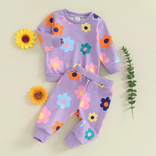 Vista 2 de Meiweileya Conjunto de sudadera con estampado floral para bebé y niña, sudadera sin botones y pantalones, ropa de otoño e invierno